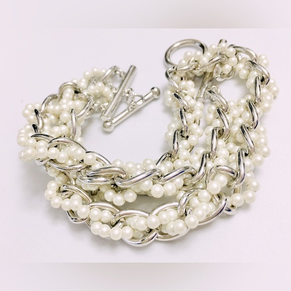Silver Tone Faux Pearl Braided Bracelet - Picture 1 of 6